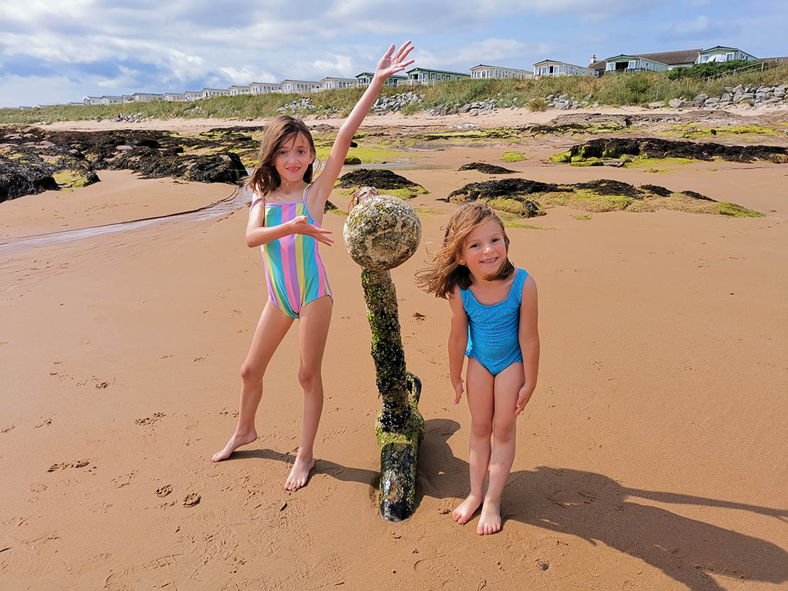Olivia & Lauren at the buried sea anchor at Embo Beach