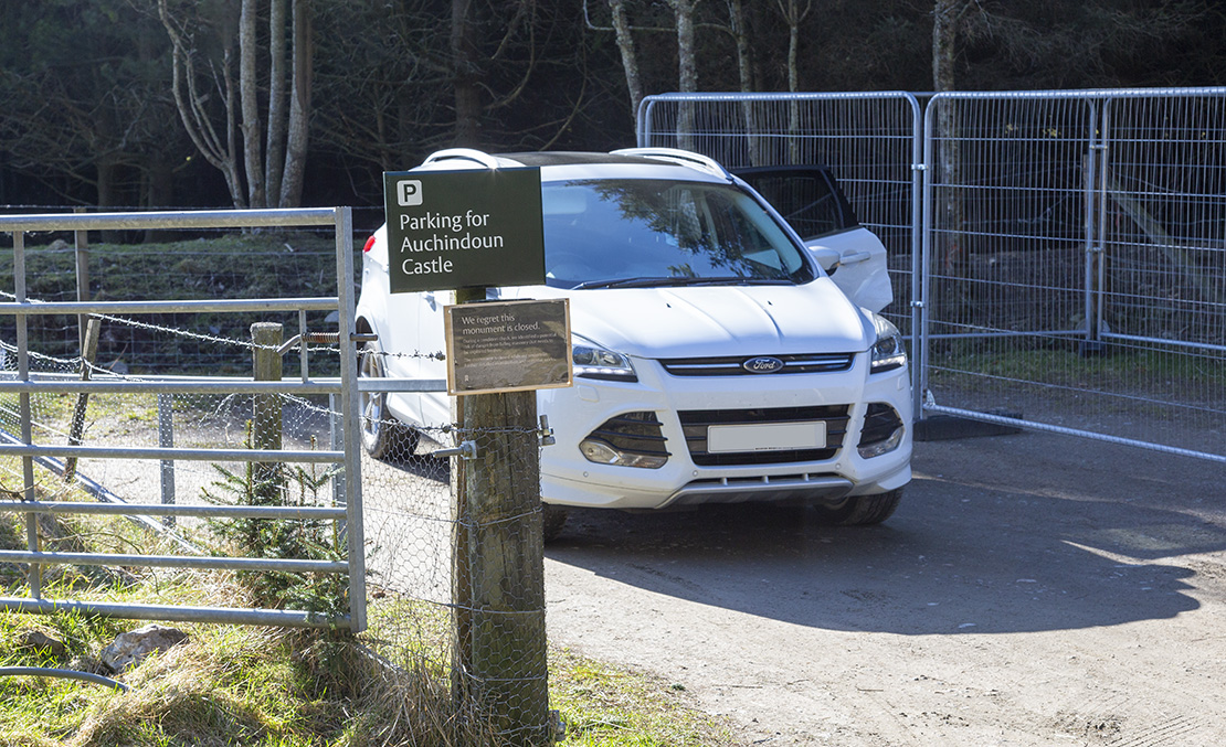 The carpark at Auchindoun Castle.