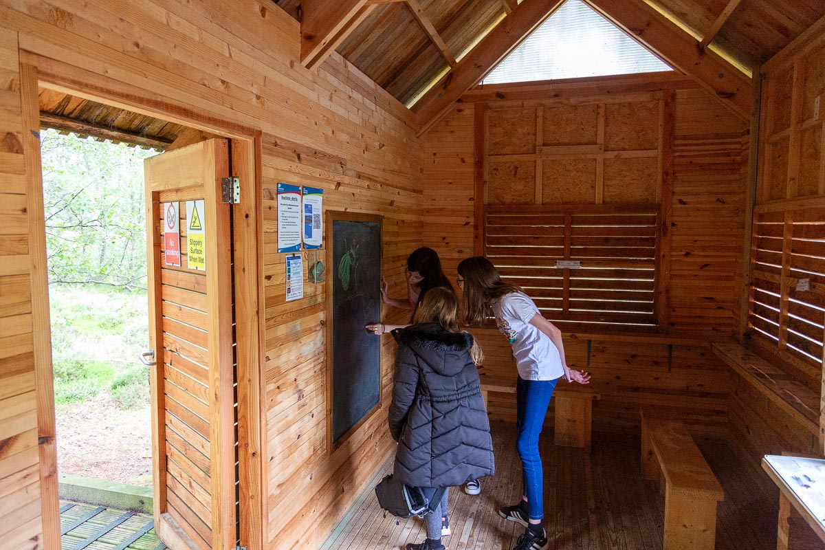 Inside the Balblair Bay bird hide with visitors looking at the chalkboard and information displays