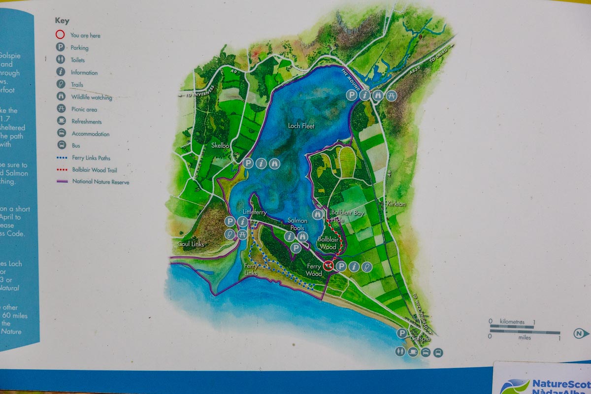 NatureScot map of Loch Fleet National Nature Reserve showing Balblair Wood trails and facilities