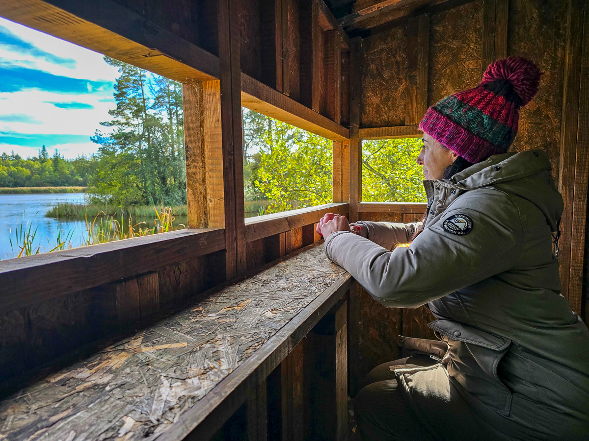 Janette looking out of a wooden bird hide window over Loch of Blairs