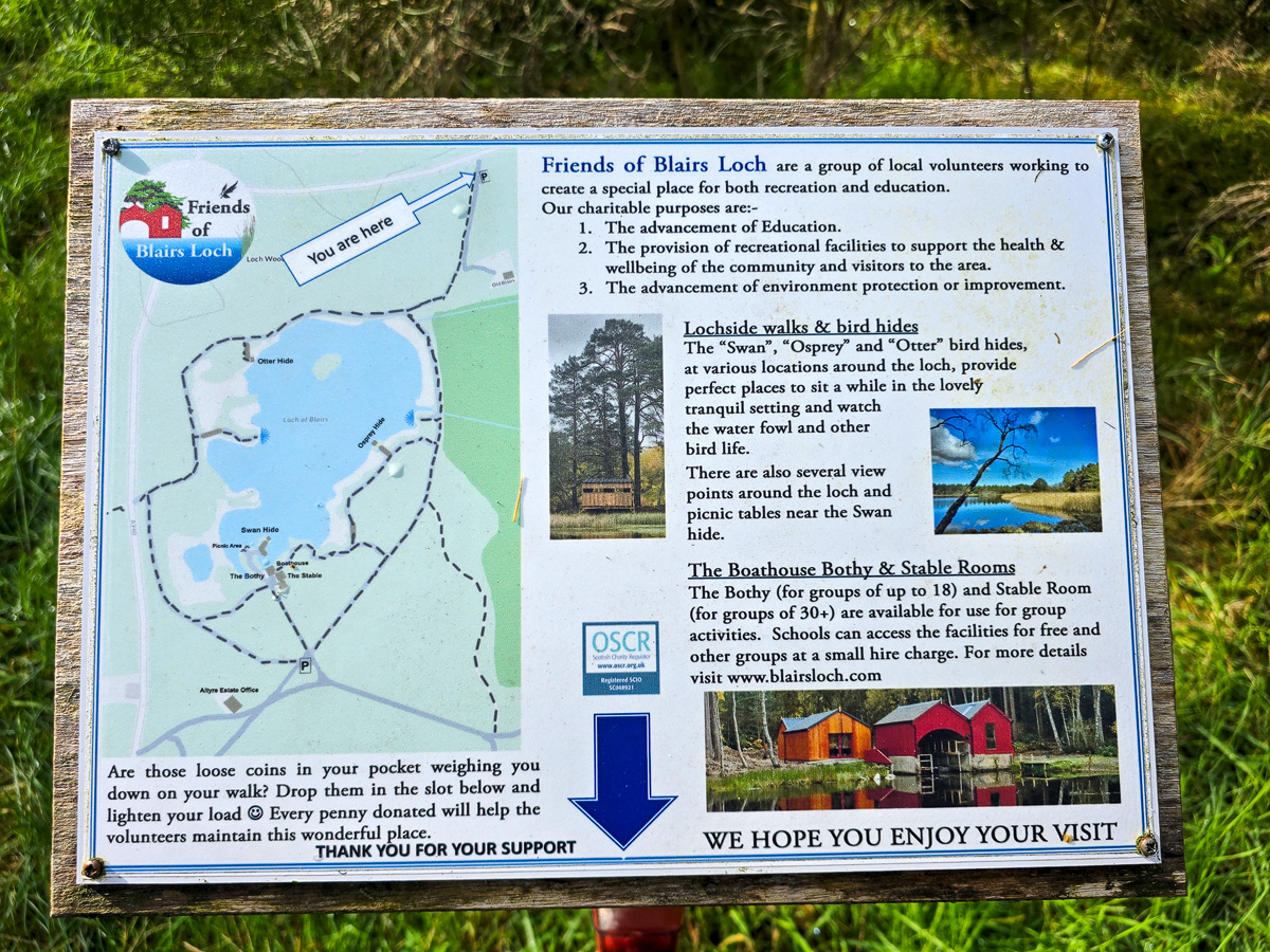 Friends of Blairs Loch information board showing a map of the loch paths, bird hides and boathouse