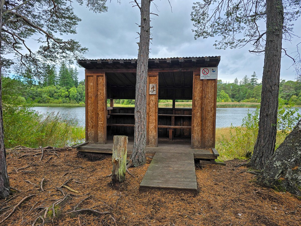 The Osprey Hide at Loch of Blairs with a carved osprey plaque and a wooden ramp