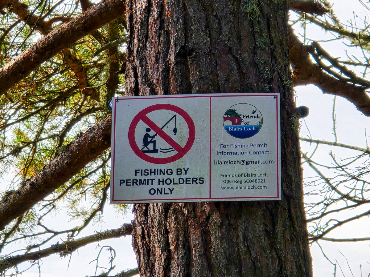 Friends of Blairs Loch sign on a pine tree stating fishing by permit holders only