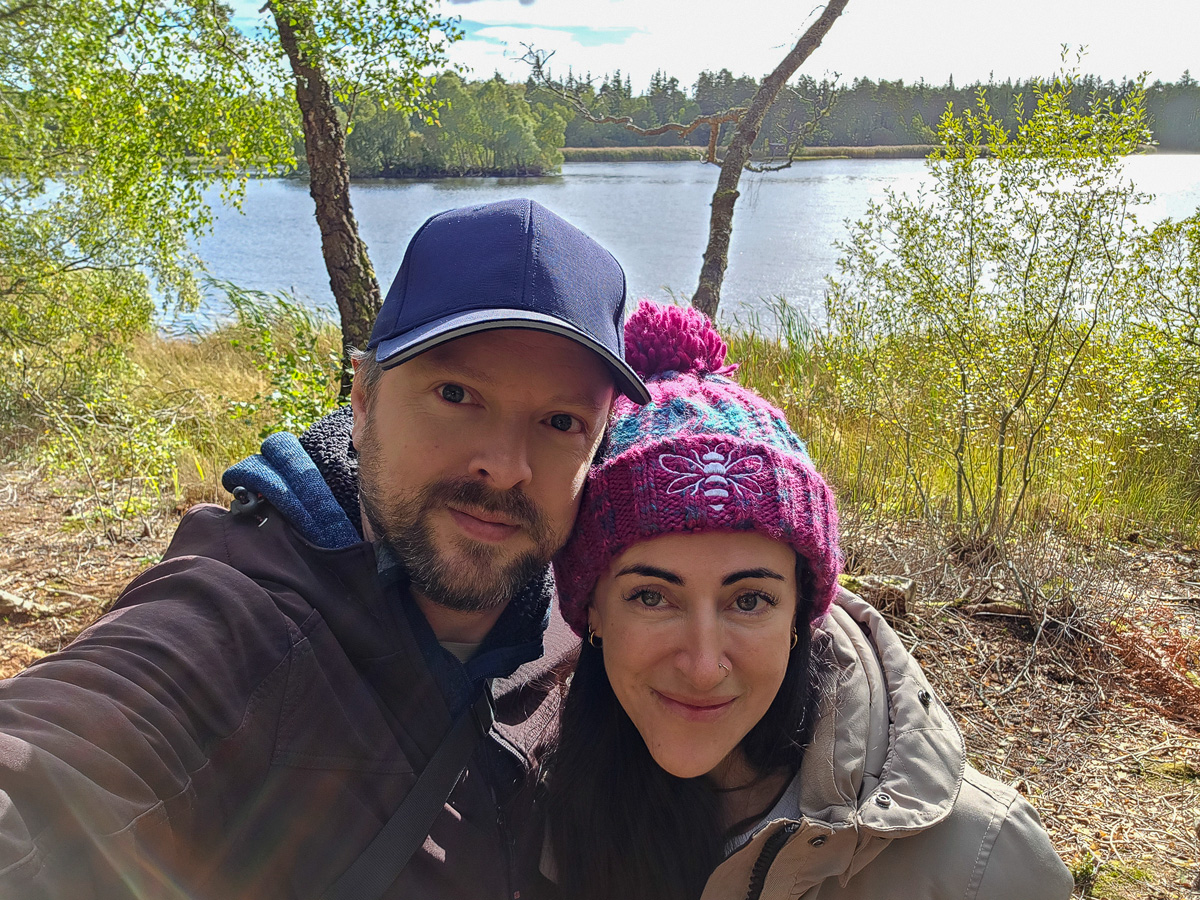Chris and Janette taking a selfie beside Loch of Blairs on a sunny September day