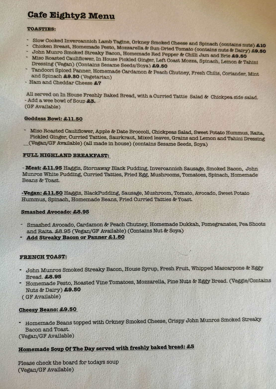 Many vegan options on the menu at Cafe Eighty2.