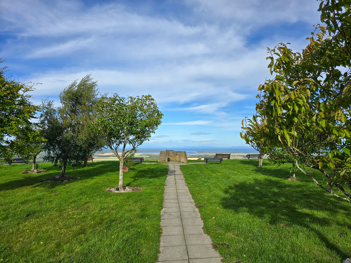 Paved path between memorial trees leading to the stone viewfinder plinth