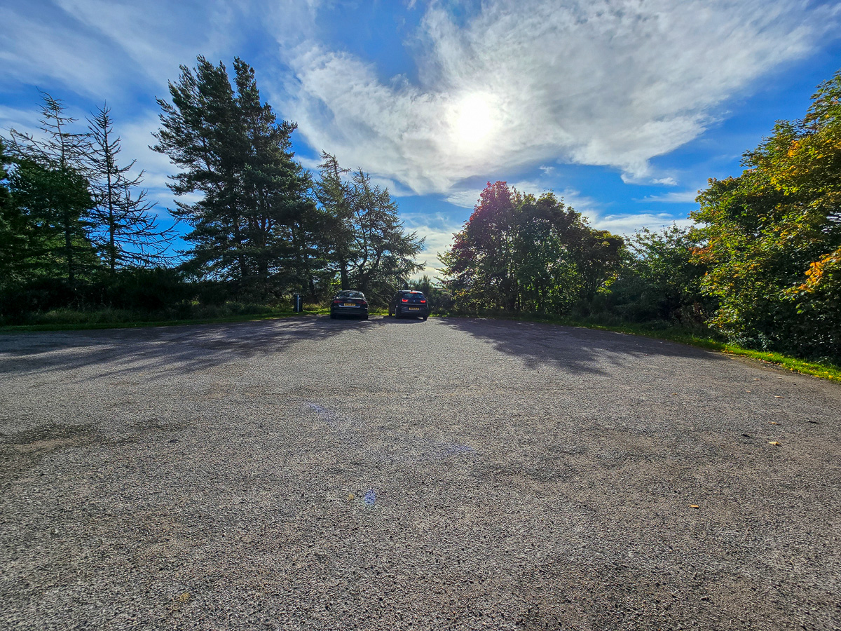 Califer Hill Viewpoint car park with parked cars and tall Scots pines