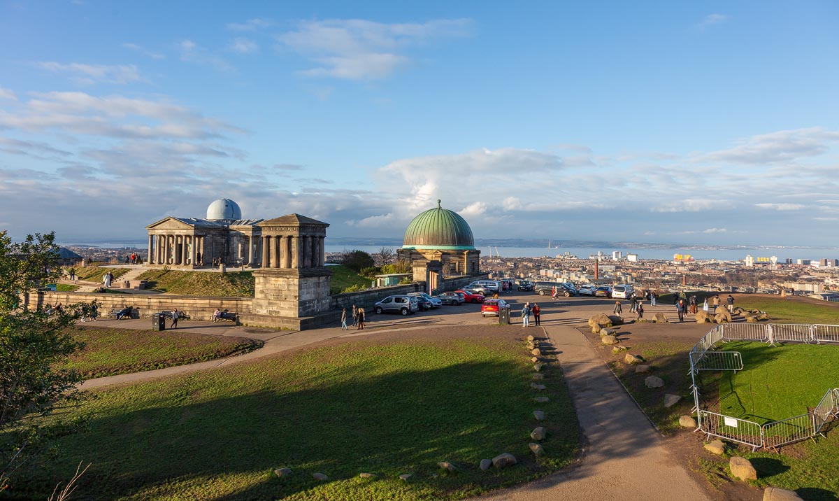 The City Observatory and the distinctive green dome on Calton Hill, with views to the Firth of Forth