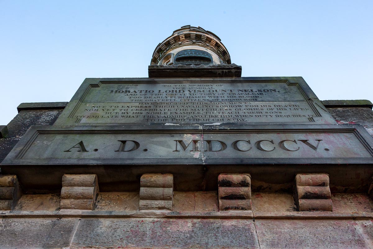 The memorial inscription on the Nelson Monument dedicated to Horatio Lord Viscount Nelson, dated A.D. MDCCCV