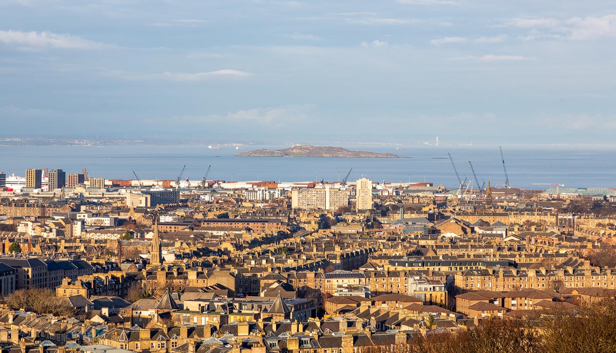 Panoramic view from Calton Hill looking north over Leith towards the Firth of Forth and Inchkeith island