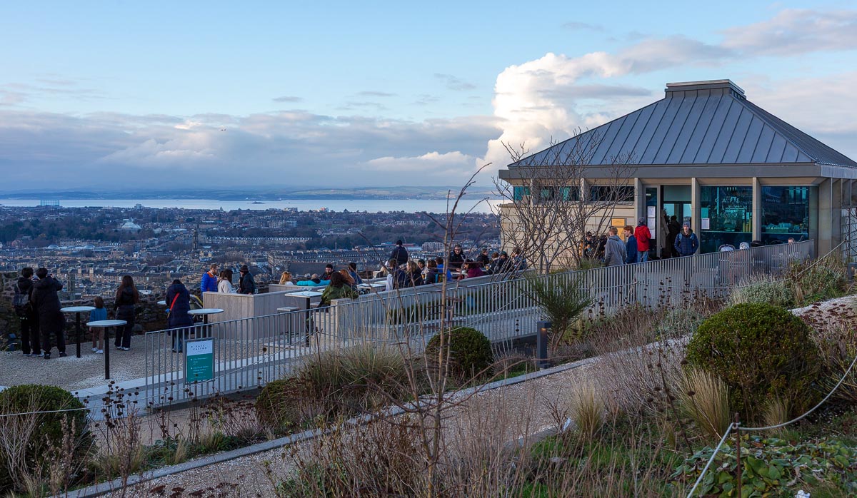 The Lookout restaurant and Cafe Calton on Calton Hill with visitors enjoying the terrace and panoramic views