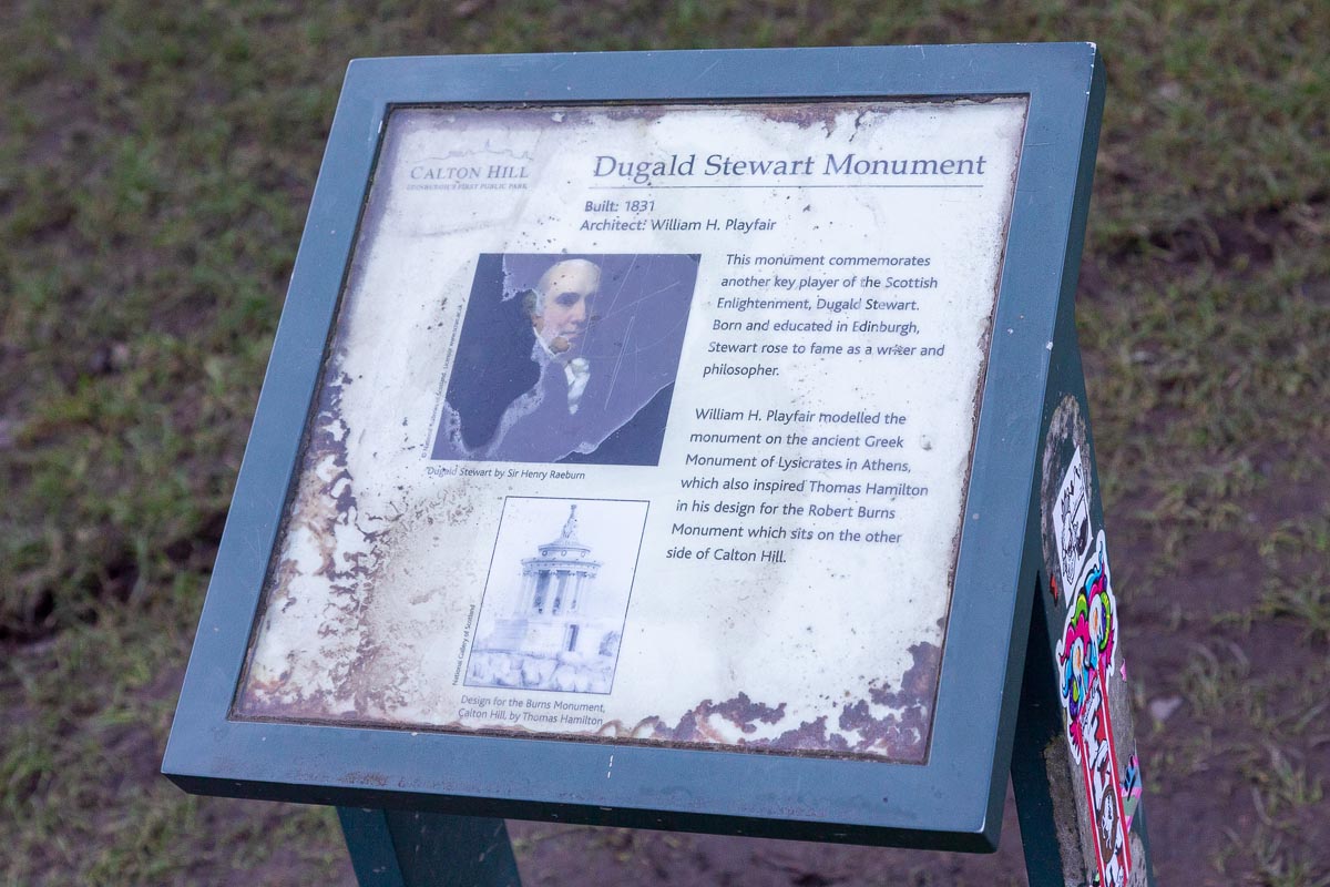 Information board about the Dugald Stewart Monument showing a portrait and architectural details
