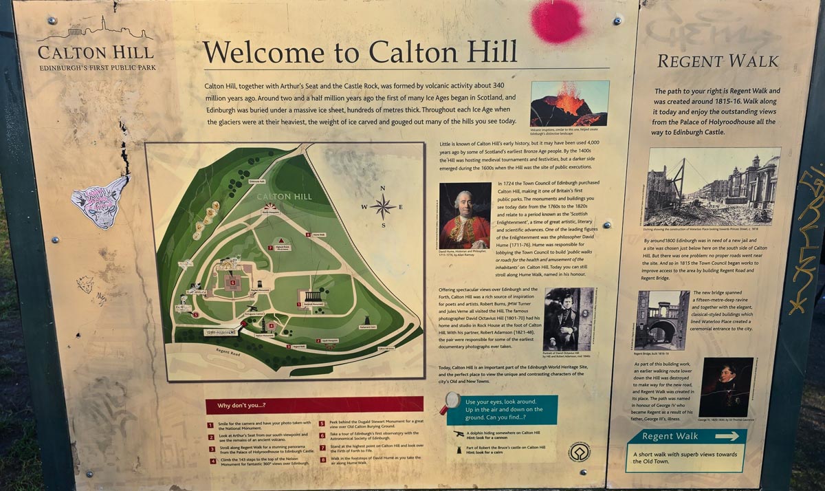 Welcome to Calton Hill information board showing a map and historical details about Edinburgh's first public park