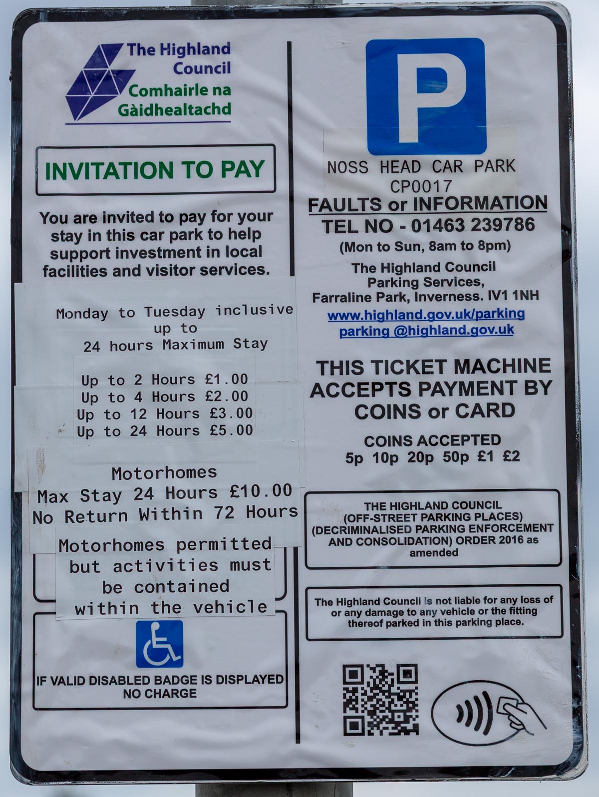 Highland Council parking sign at Noss Head Car Park showing prices and payment information
