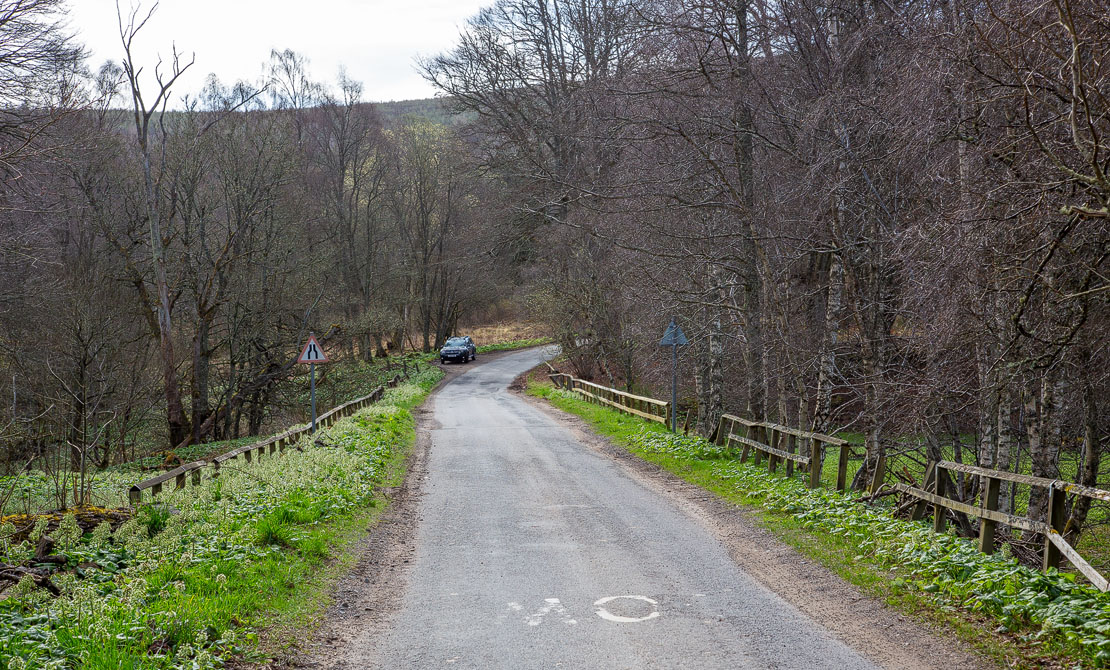 The narrow single-track road near Corse Castle – take care when parking