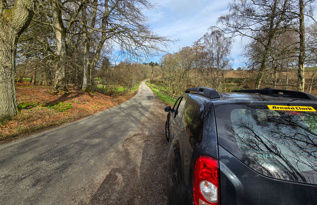 The quiet country road leading to Corse Castle – we parked on the verge near the access point