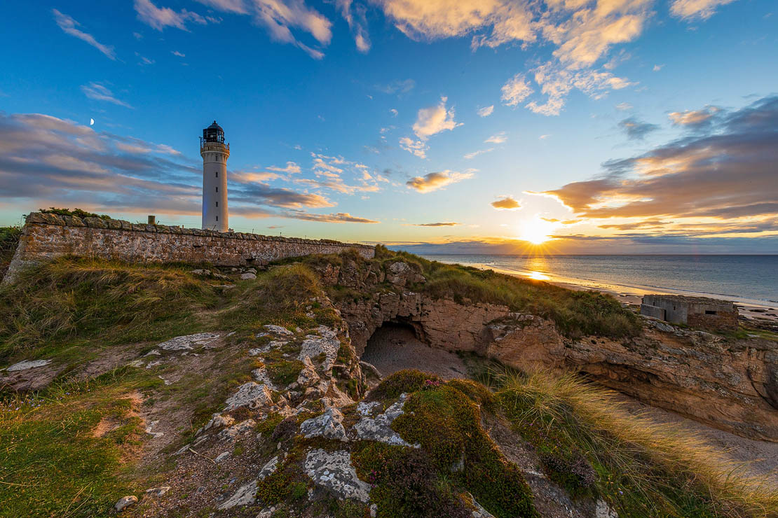 Covesea Lighthouse with cave and pill box.