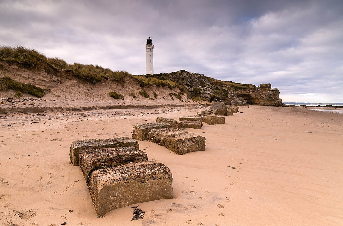 Tank traps, lighthouse and pill box.
