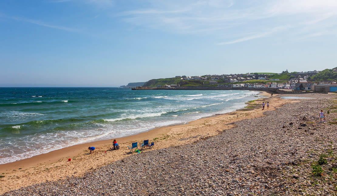 Cullen Beach, harbour and town.