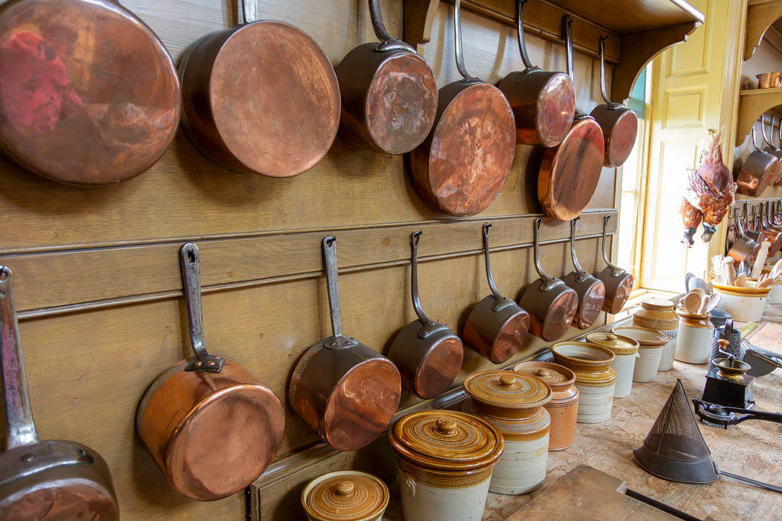 Copper pans in Culzean Castle kitchen.