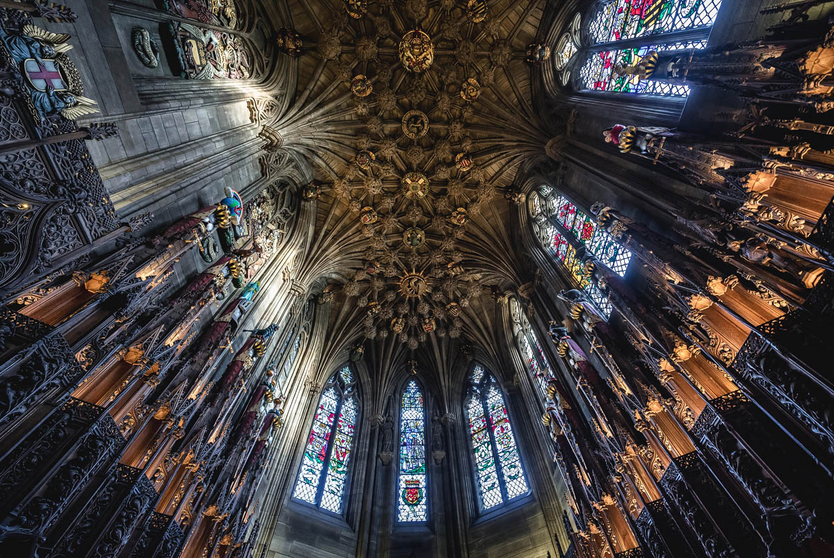 The breathtaking fan-vaulted ceiling of the Thistle Chapel inside St Giles' Cathedral in Edinburgh