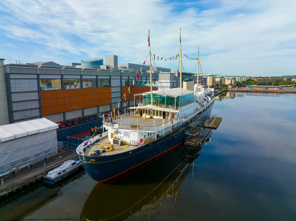 Aerial view of the Royal Yacht Britannia moored at Ocean Terminal in Leith