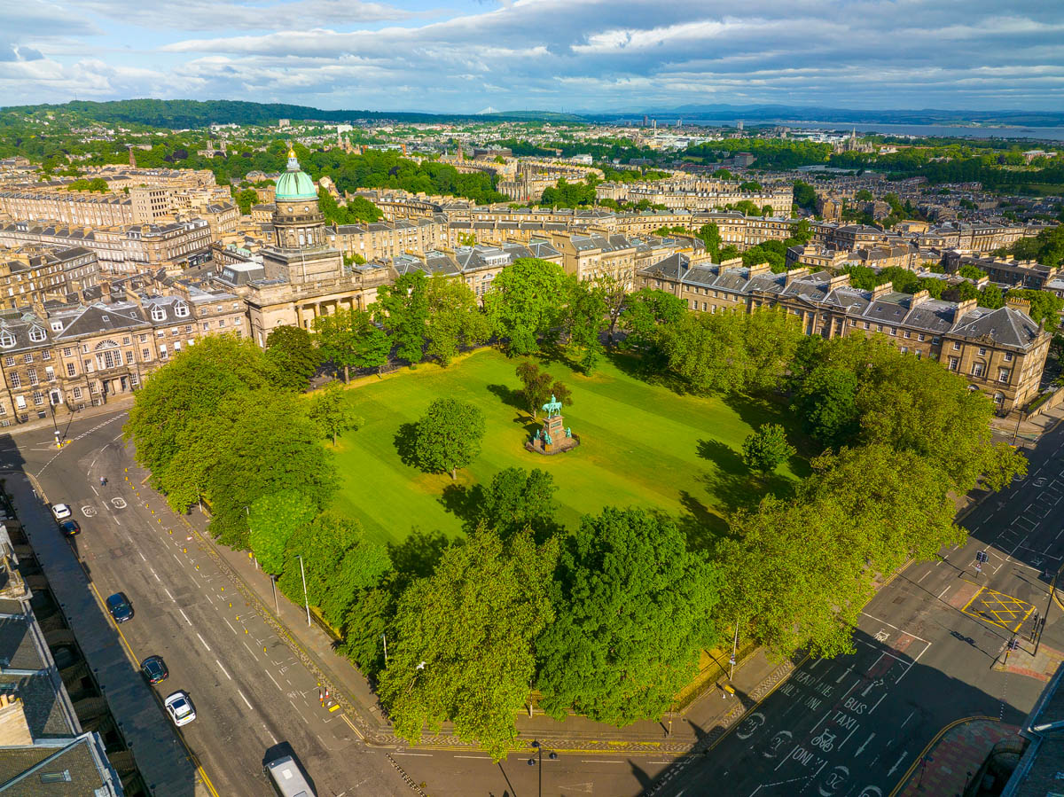 Aerial view of Charlotte Square in Edinburgh's Georgian New Town with its central gardens and surrounding neoclassical architecture