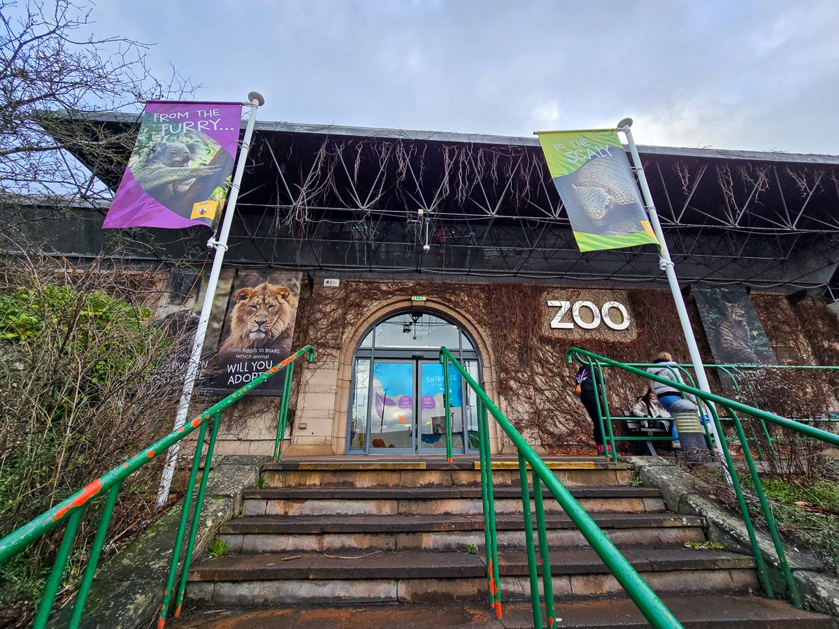 The main entrance to Edinburgh Zoo with colourful animal banners and stone steps leading up to the glass doors
