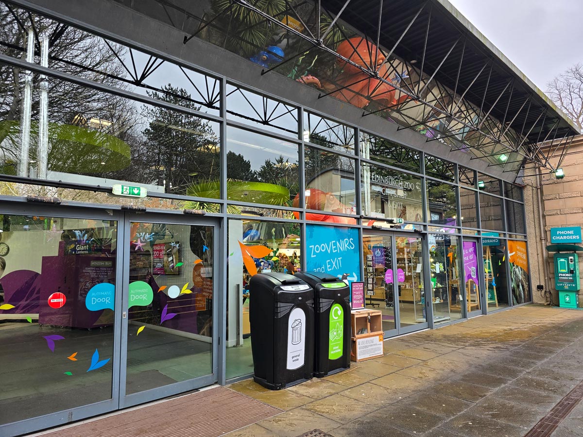 The Zoovenirs gift shop and exit at Edinburgh Zoo with colourful window displays