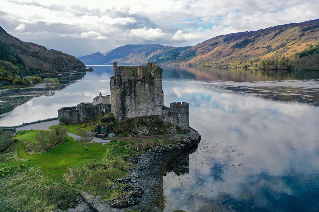 Eilean Donan Castle with the hornwork artillery bastion visible on the left and Loch Duich stretching away between the Kintail hills