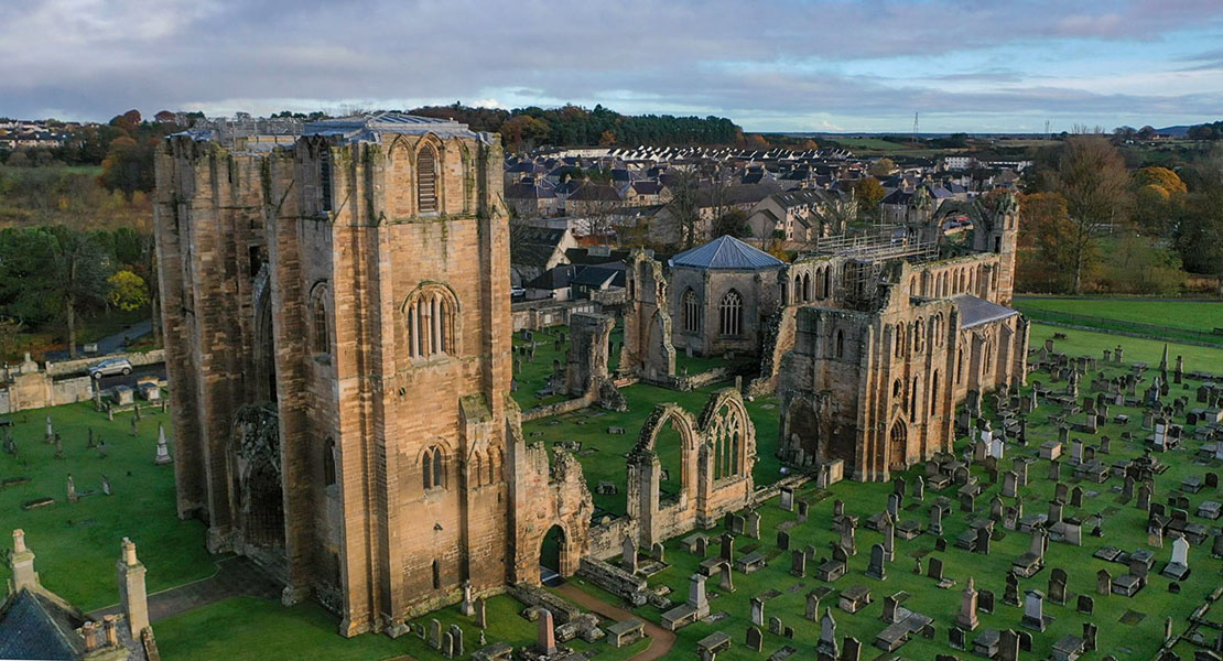 Drone view of Elgin Cathedral, north tower