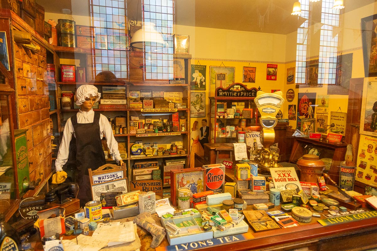 The recreated Victorian shop display packed with period products and a mannequin shopkeeper