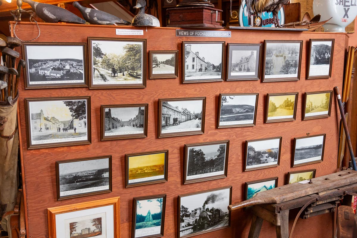 A display of historic photographs titled Views of Fochabers 1880 to 1945 showing the village through the decades