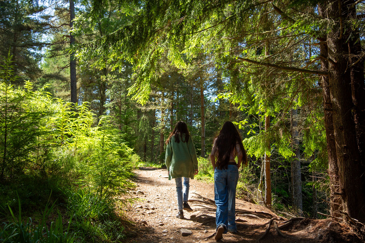 Two of the daughters walking ahead up the dappled woodland path beneath the trees