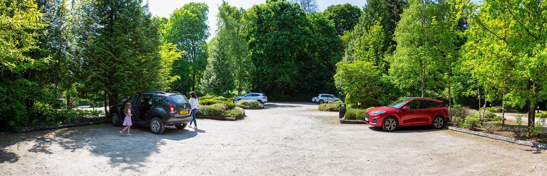 The well tended visitor car park. Glen Grant Distillery.