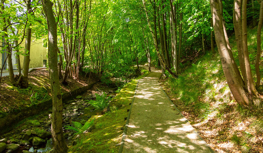 Gravel paths to the distillery gardens.