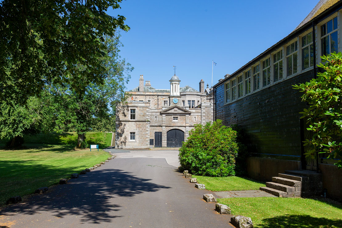 The approach to Haddo House from the courtyard showing the clock tower
