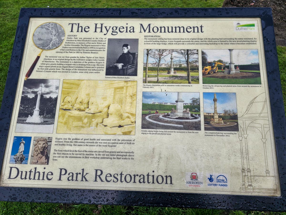 The Duthie Park Restoration interpretation board showing the history of the Hygeia Monument with historical photographs and details of the 2012 restoration
