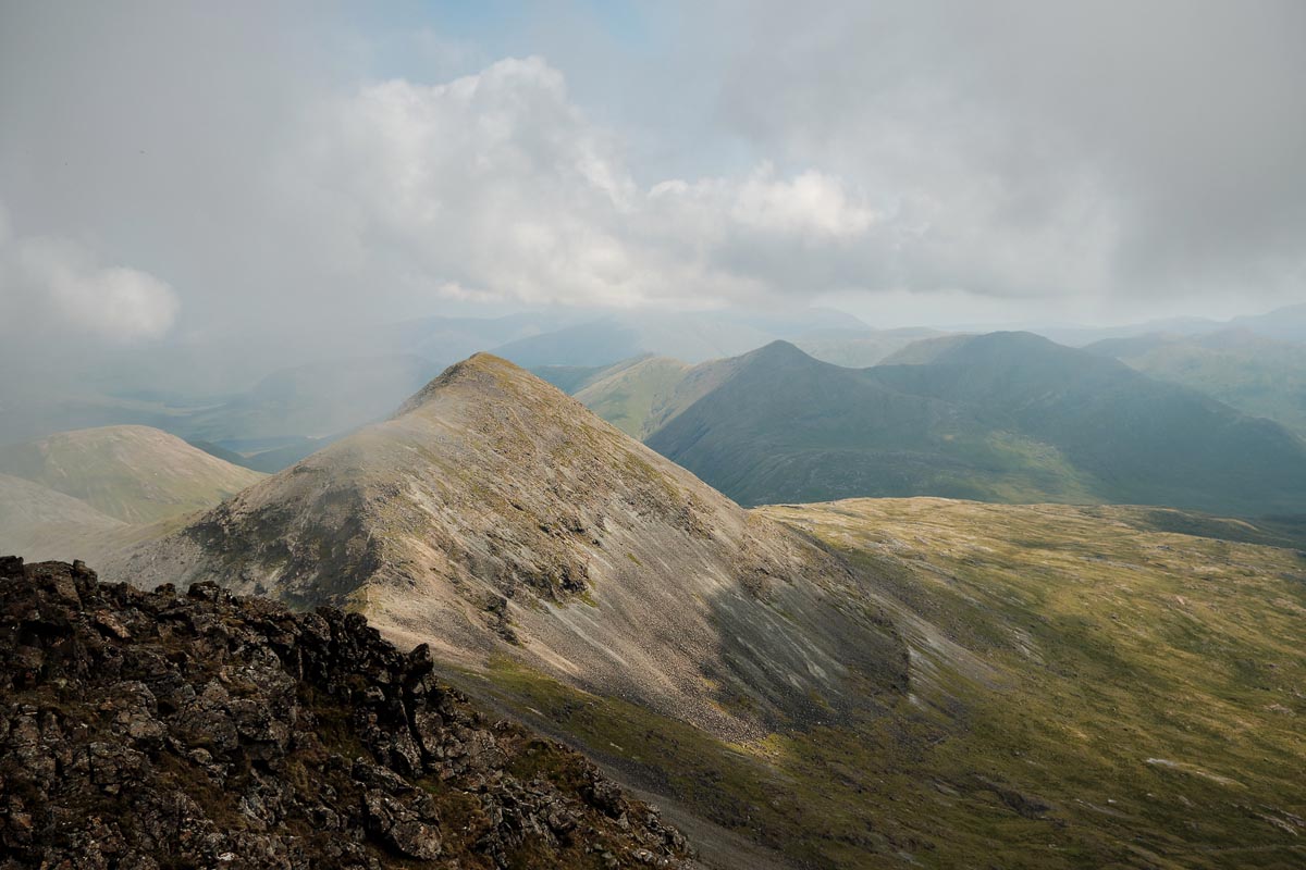 The ridge of Ben More on the Isle of Mull with peaks stretching into the distance under dramatic clouds