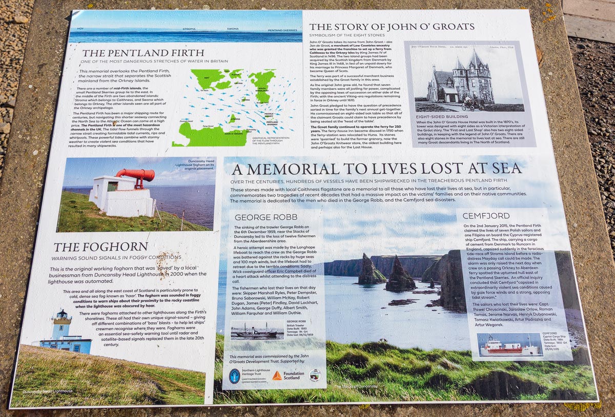 An information board at John o' Groats detailing the history of the Pentland Firth and the memorial to lives lost at sea
