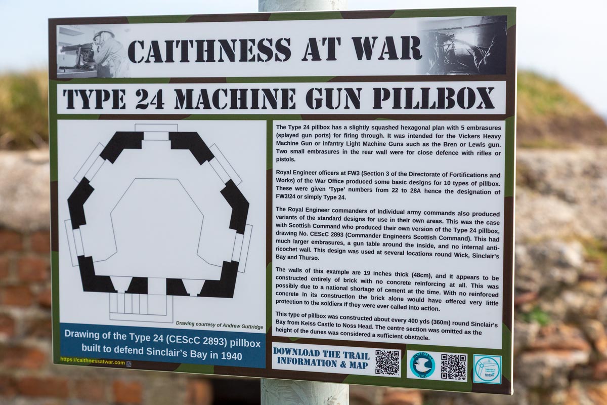 Caithness at War information board explaining the history of the Type 24 machine gun pillbox