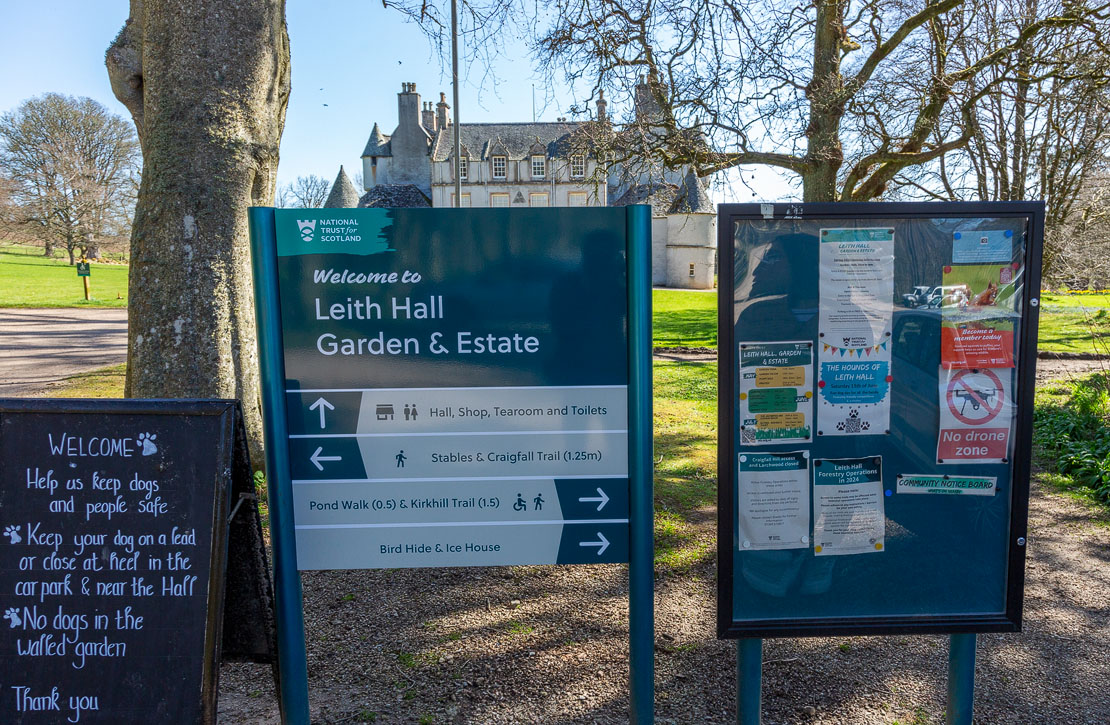 The welcome signage at Leith Hall.