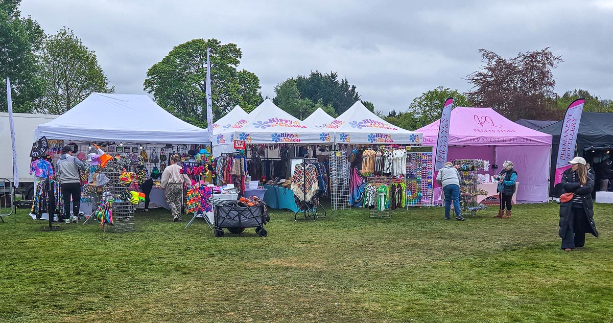 Festival market stalls at MacMoray including Hippy Chicks clothing and Pretty Links permanent jewellery