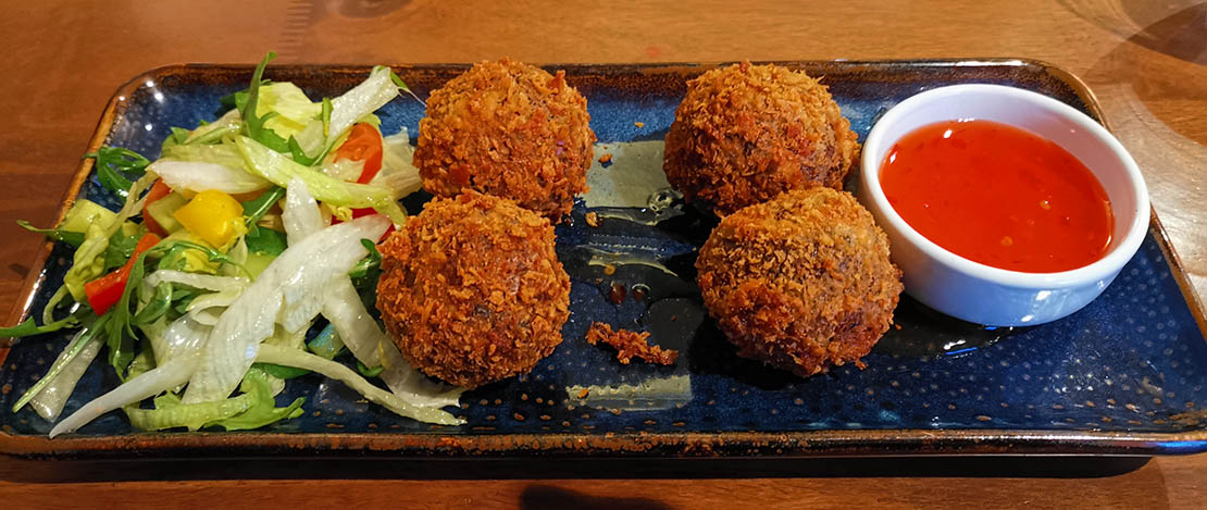 The haggis bon bons with sweet chilli sauce at the Mill House Hotel.
