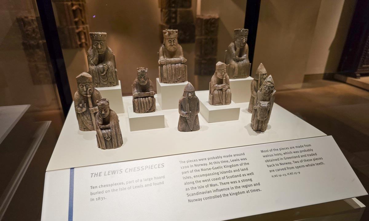 The Lewis Chessmen on display at the National Museum of Scotland, ten walrus ivory chess pieces carved around 1200 AD