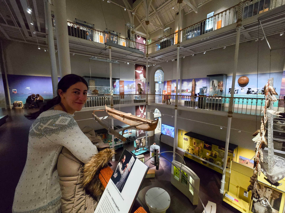 Janette exploring the World Cultures gallery at the National Museum of Scotland, overlooking South Pacific exhibits