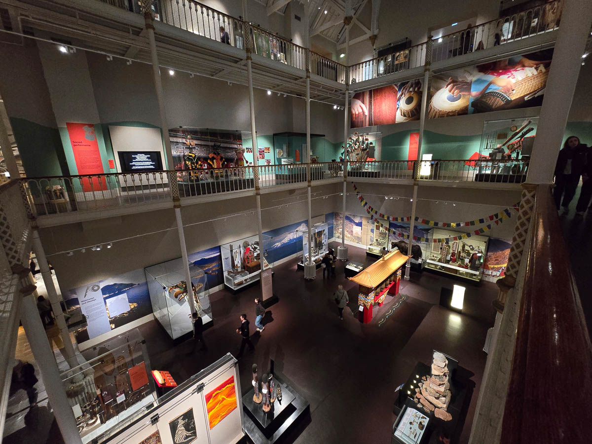 Overview of the World Cultures gallery with East Asian and South Asian exhibits across multiple levels