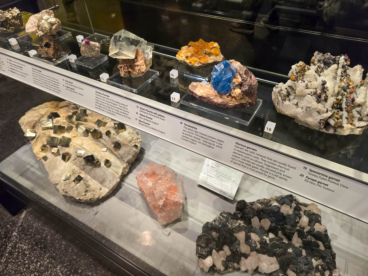 A display case of colourful minerals including pyrite, fluorite, and garnets at the National Museum of Scotland