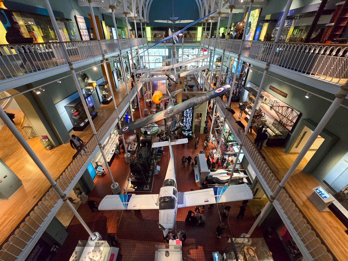 The Science and Technology gallery viewed from above with suspended aircraft including a Spitfire